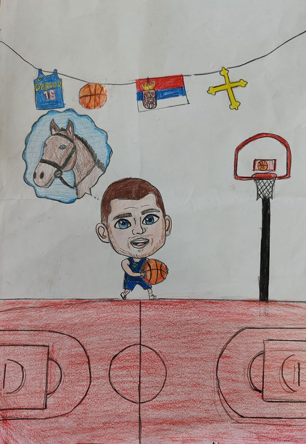 Карикатура 1: Никола Јокић Аутор: Уна Поповић, 5 разред, ОШ „Олга Милошевић“, Смедеревска Паланка