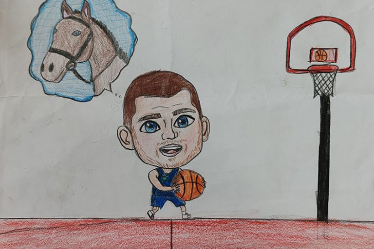 Карикатура 1: Никола Јокић Аутор: Уна Поповић, 5 разред, ОШ „Олга Милошевић“, Смедеревска Паланка