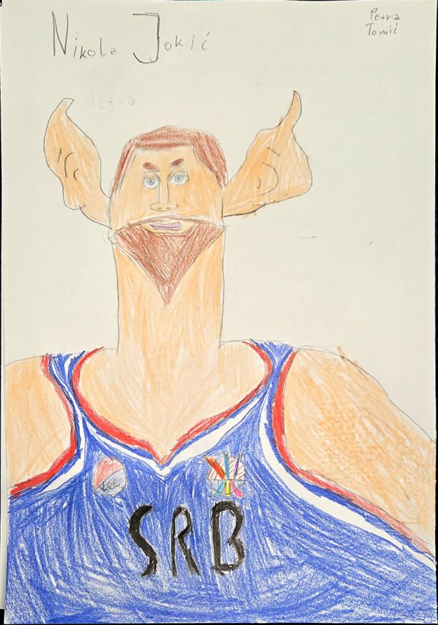 Карикатура 2: Никола Јокић Аутор: Петра Томић, 3-1 ОШ „Мина Караџић“, Београд Ментор: Вања Драгић, учитељица