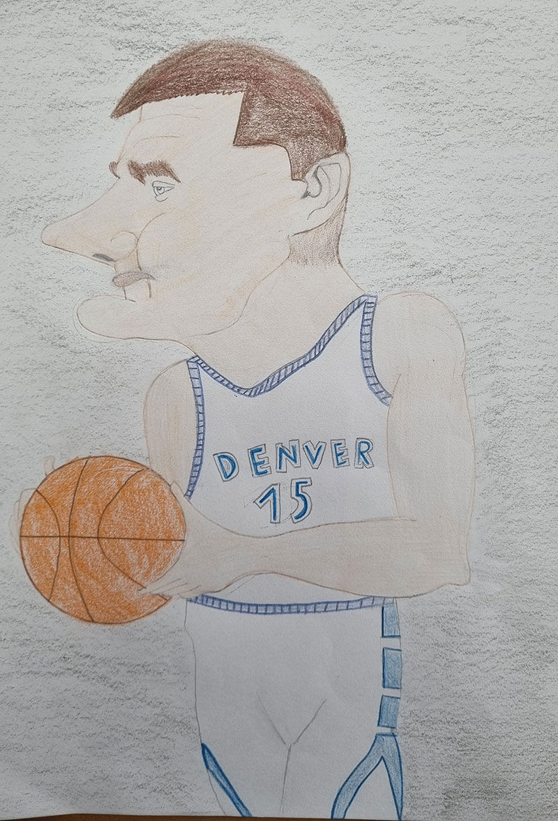 Карикатура 15: Никола Јокић Аутор: Матеј Маргетић, 3. б „ОШ Свети Сава“ Суботица