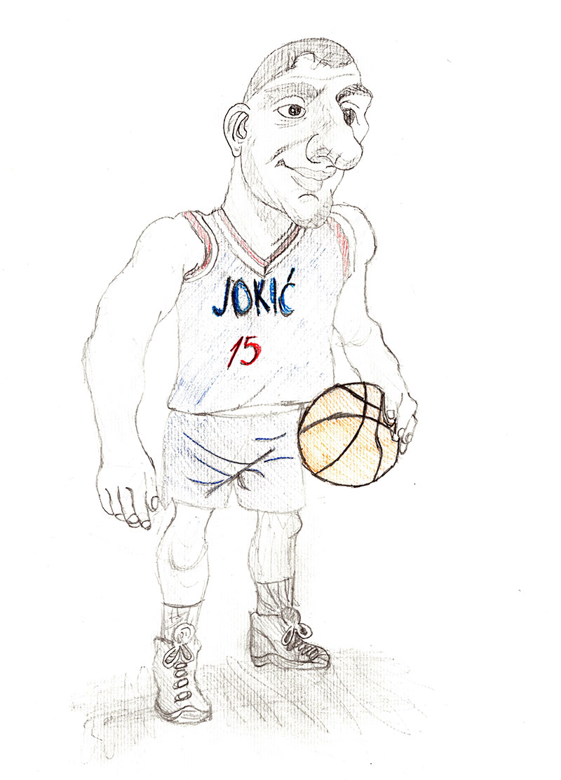 Карикатура 8: Никола Јокић Аутор: Лука Ромић, 3. Б ОШ „Свети Сава“ Суботица