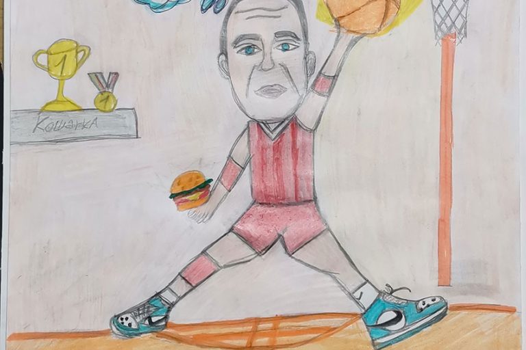 Карикатура 166: Никола Јокић Аутор: Елмедина Адеми 6/1 ОШ „Јован Цвијић“ Костолац Ментор: Емилија Клајић