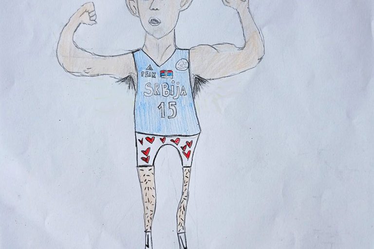 Карикатура 201: Никола Јокић Аутор: Лола Станојевић, 7/1 ОШ „Угрин Бранковић“, Кучево Ментор: Саша Драгојевић