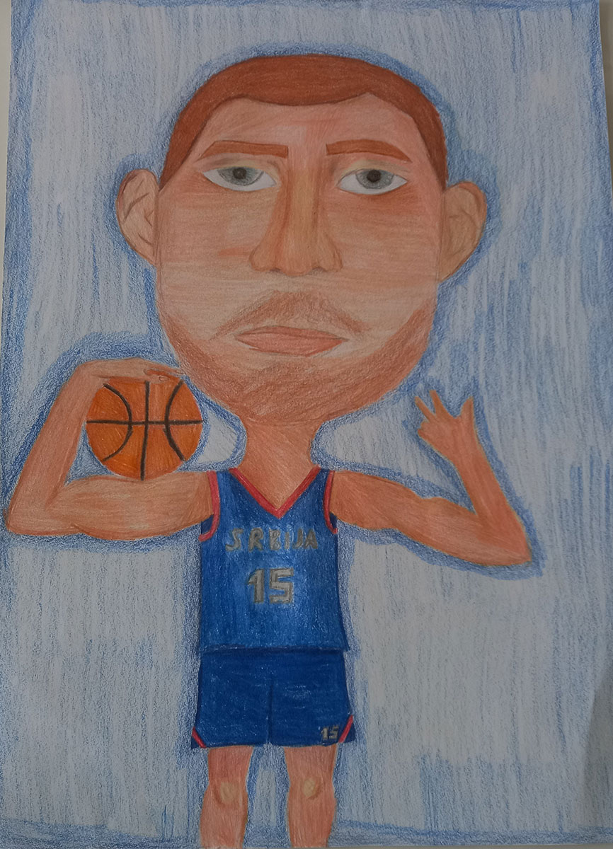 Карикатура 60: Никола Јокић Аутор: Селена Здравковић, 8/3 ОШ „Свети Сава“, Пожаревац Ментор: Ерол Ђурић