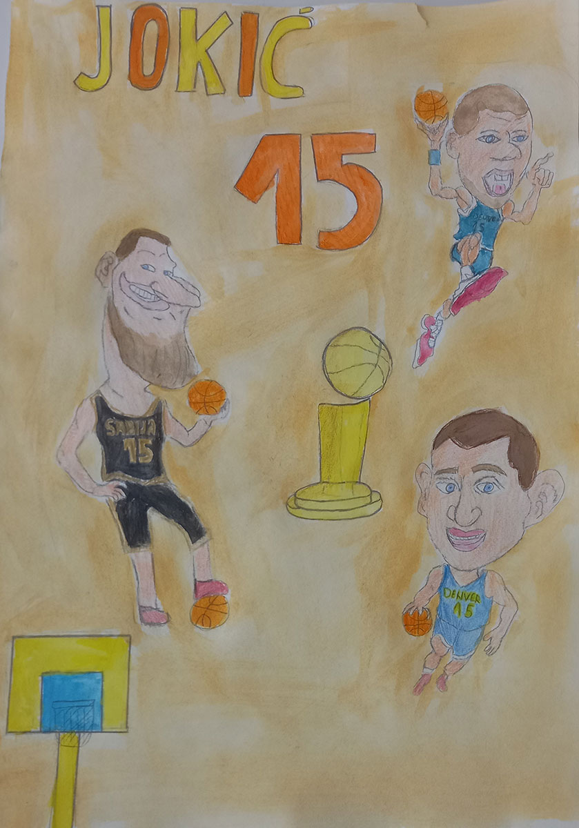 Карикатура 63: Никола Јокић Аутор: Невенка Недељковић, 8/3 ОШ „Свети Сава“, Пожаревац Ментор: Ерол Ђурић