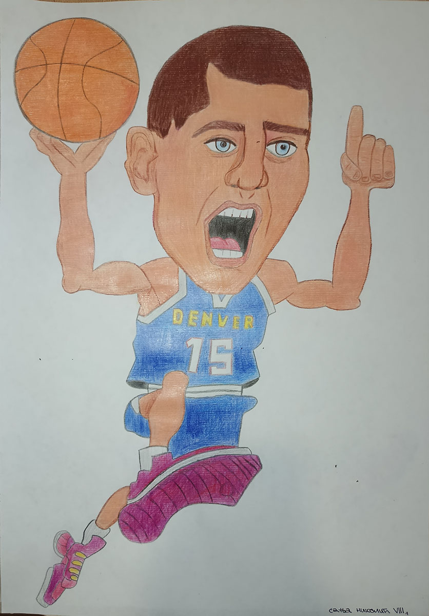 Карикатура 72: Никола Јокић Аутор : Сања Николић, 8/1 ОШ “Петар Петровић Његош", Велика Обарска, РС Ментор: Вања Стојановић