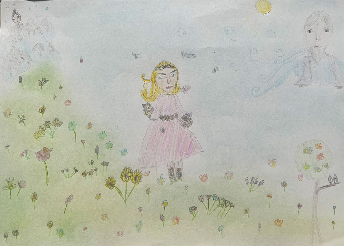 Такмичарски рад 278 Аутор: Доротеа Малетић 1/4 Основна школа „Павле Савић", Београд. Илустрација за бајку „Весна - богиња пролећа“, књига „Дечак змај и друге бајке“ Ментор: Учитељица Марина Јованов