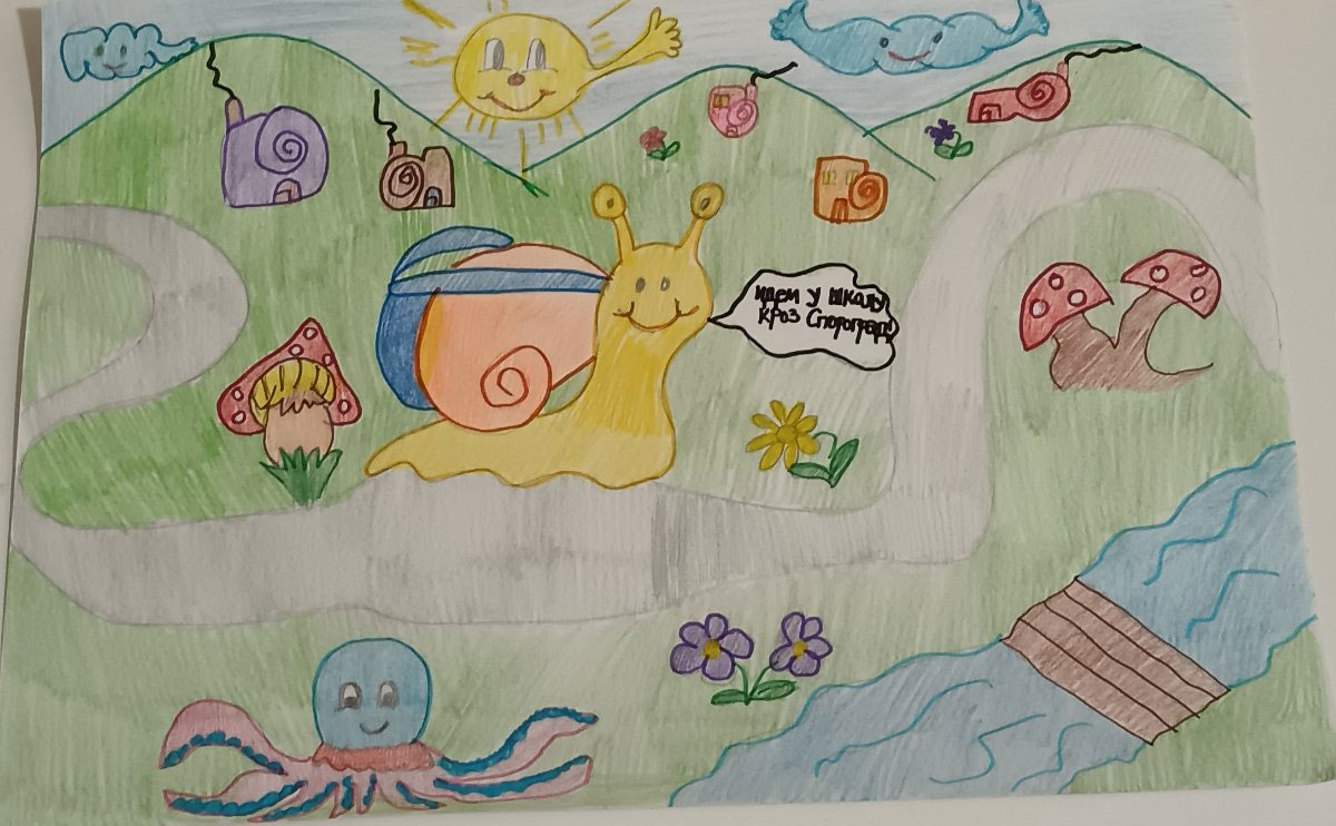 Такмичарски рад 302 Аутор: Алексеј Станојков, други разред ОШ „Краљ Александар I", Пожаревац Илустрација приче „Пужић Влада из Спорограда"