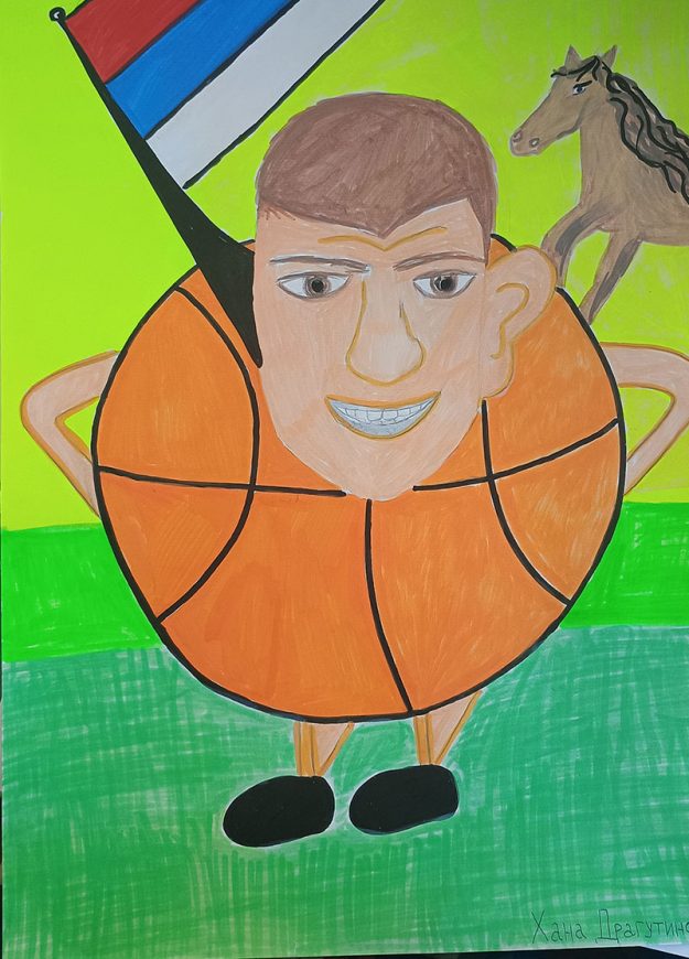 Карикатура 28: Никола Јокић Аутор: Хана Драгутиновић 2-1 ОШ „Десанка Максимовић“, Пожаревац Ментор: Емина Ћирковић Ивановић